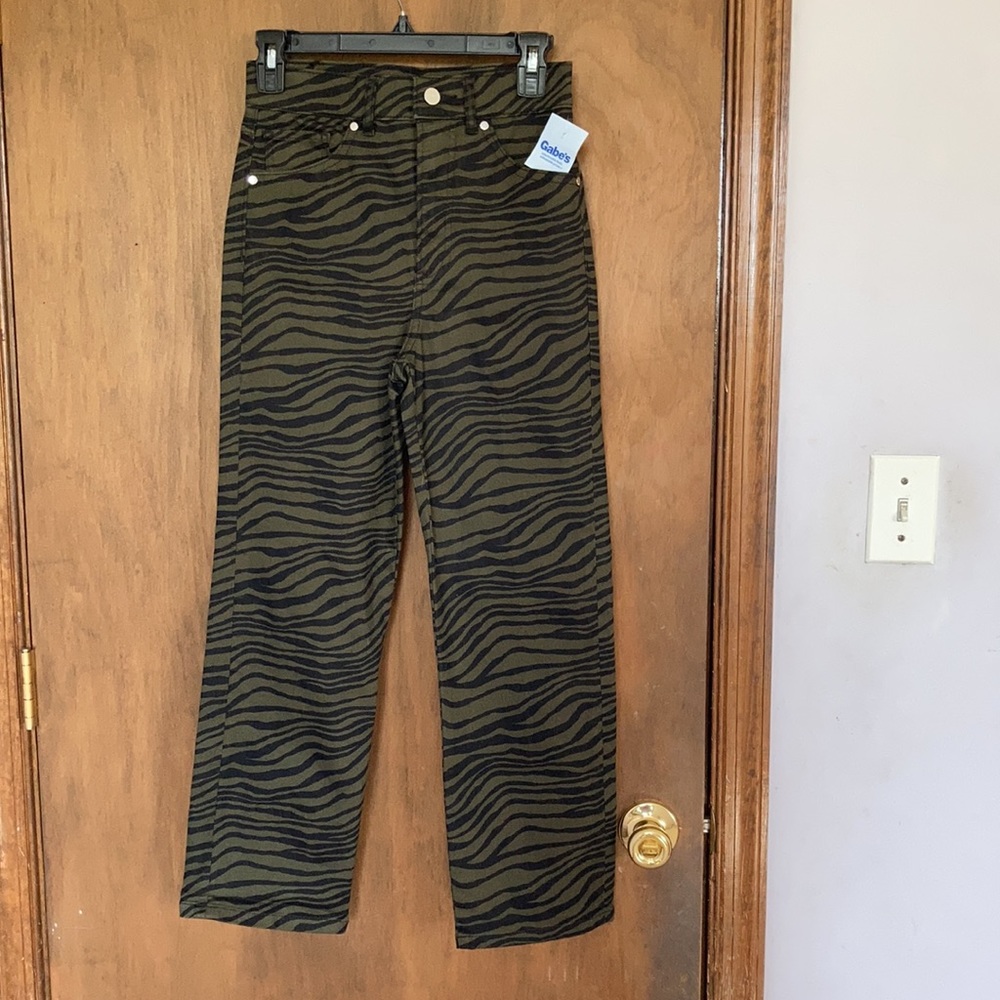 Express super high rise straight olive green black zebra animal print jean 0 - Picture 10 of 16